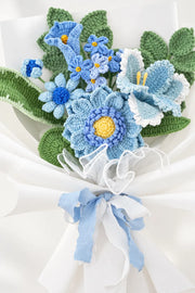 Blue Lily with Calla Lily and Forget-Me-Not Bouquet by Foxchill, handmade crochet flowers, close-up of the crocheted petals and foliage