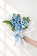 Blue Lily with Calla Lily and Forget-Me-Not Bouquet by Foxchill, handmade crochet flowers, full bouquet in decorative wrapping