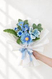Blue Lily with Calla Lily and Forget-Me-Not Bouquet by Foxchill, handmade crochet flowers, full bouquet in decorative wrapping