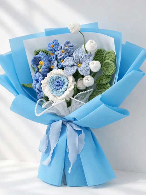 Blue Rose with Calla Lily and Forget-Me-Not Bouquet by Foxchill, handmade crochet flowers, front view of the wrapped bouquet