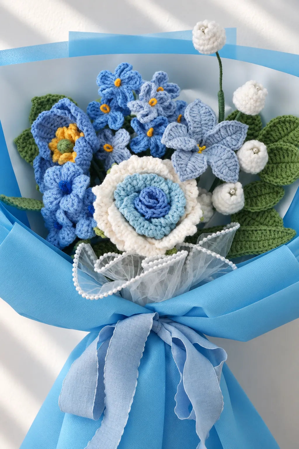 Blue Rose with Calla Lily and Forget-Me-Not Bouquet by Foxchill, handmade crochet flowers, close-up of the crocheted petals and foliage
