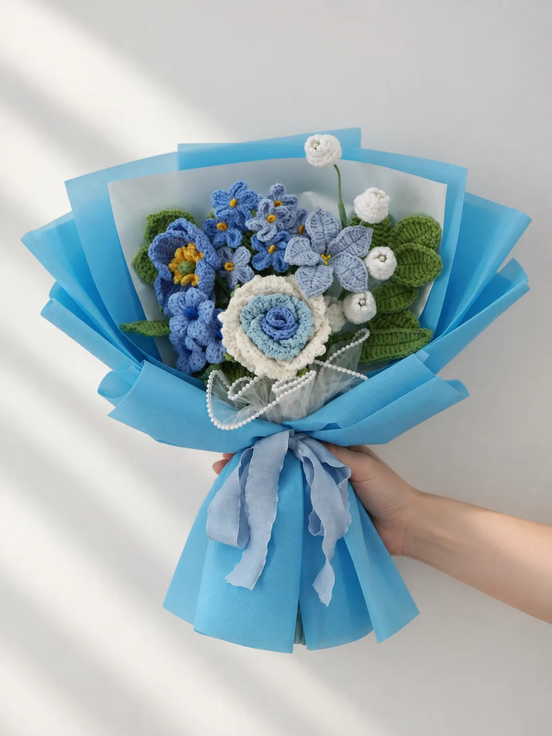 Blue Rose with Calla Lily and Forget-Me-Not Bouquet by Foxchill, handmade crochet flowers, full bouquet in decorative wrapping