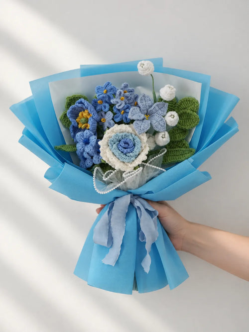 Blue Rose with Calla Lily and Forget-Me-Not Bouquet by Foxchill, handmade crochet flowers, full bouquet in decorative wrapping