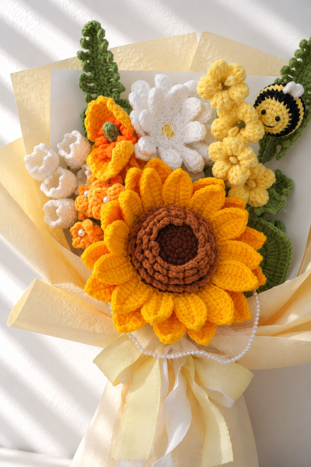 Sunflower with Daisy, Yellow Flowers and Bee Crochet Bouquet