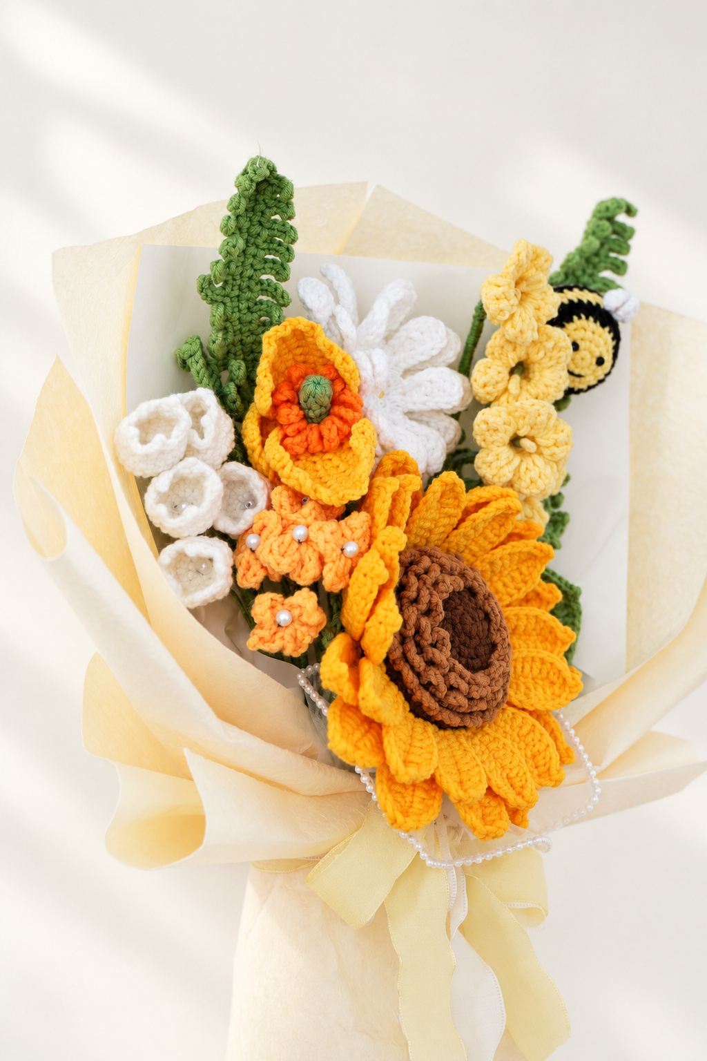 Sunflower with Daisy, Yellow Flowers and Bee Crochet Bouquet