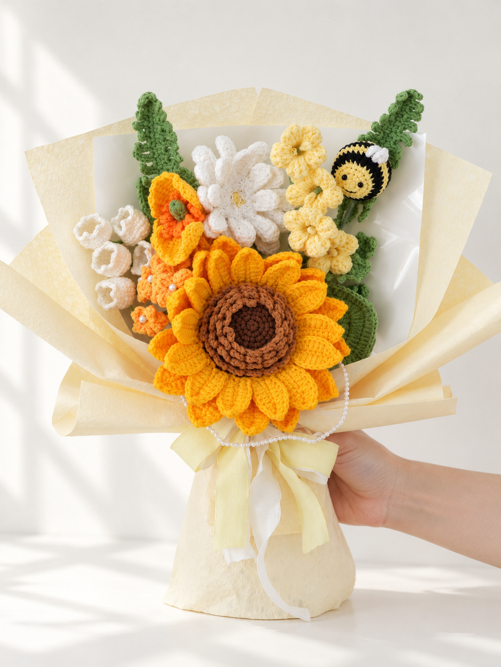 Sunflower with Daisy, Yellow Flowers and Bee Crochet Bouquet