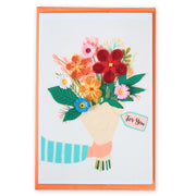 For You quilled greeting card with a colorful paper flower bouquet held by an illustrated hand