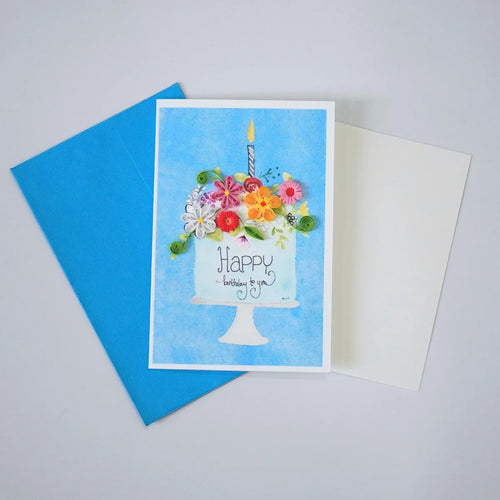 Happy Birthday Cake quilled greeting card with colorful paper flowers and a candle shown with envelope and message insert