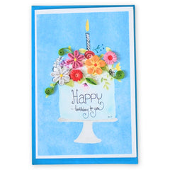 Happy Birthday Cake quilled greeting card with colorful paper flowers and a candle