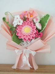 Pink Daisy with Calla Lily and Chrysanthemum Bouquet by Foxchill, handmade crochet flowers, front view of the wrapped bouquet