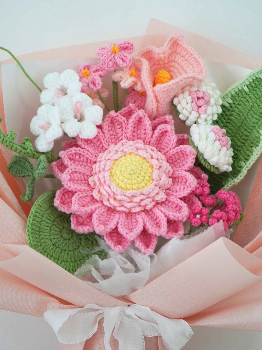 Pink Daisy with Calla Lily and Chrysanthemum Bouquet by Foxchill, handmade crochet flowers, close-up of the crocheted petals and foliage