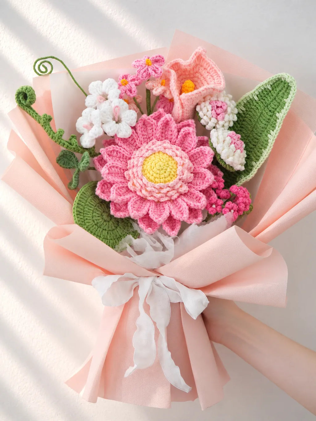 Pink Daisy with Calla Lily and Chrysanthemum Bouquet by Foxchill, handmade crochet flowers, full bouquet in decorative wrapping