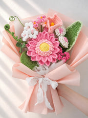 Pink Daisy with Calla Lily and Chrysanthemum Bouquet by Foxchill, handmade crochet flowers, full bouquet in decorative wrapping