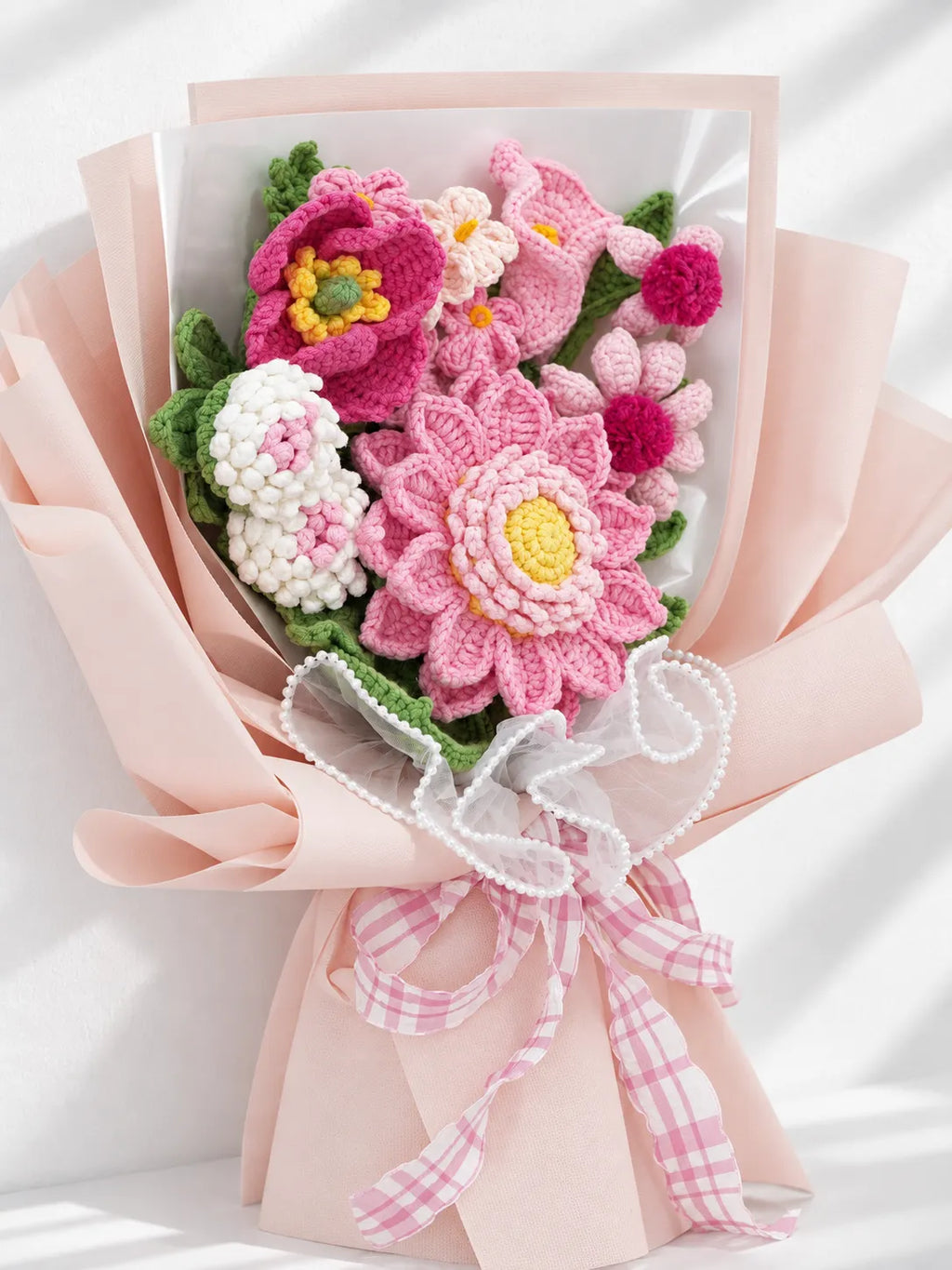 Pink Daisy with Poppy and Calla Lily Bouquet by Foxchill, handmade crochet flowers, front view of the wrapped bouquet