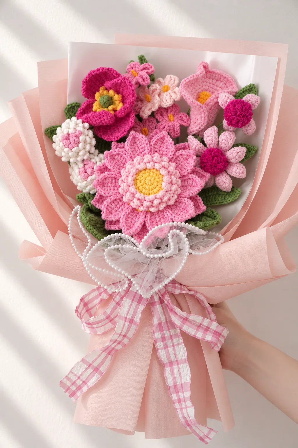 Pink Daisy with Poppy and Calla Lily Bouquet by Foxchill, handmade crochet flowers, angled close-up of the yarn flowers
