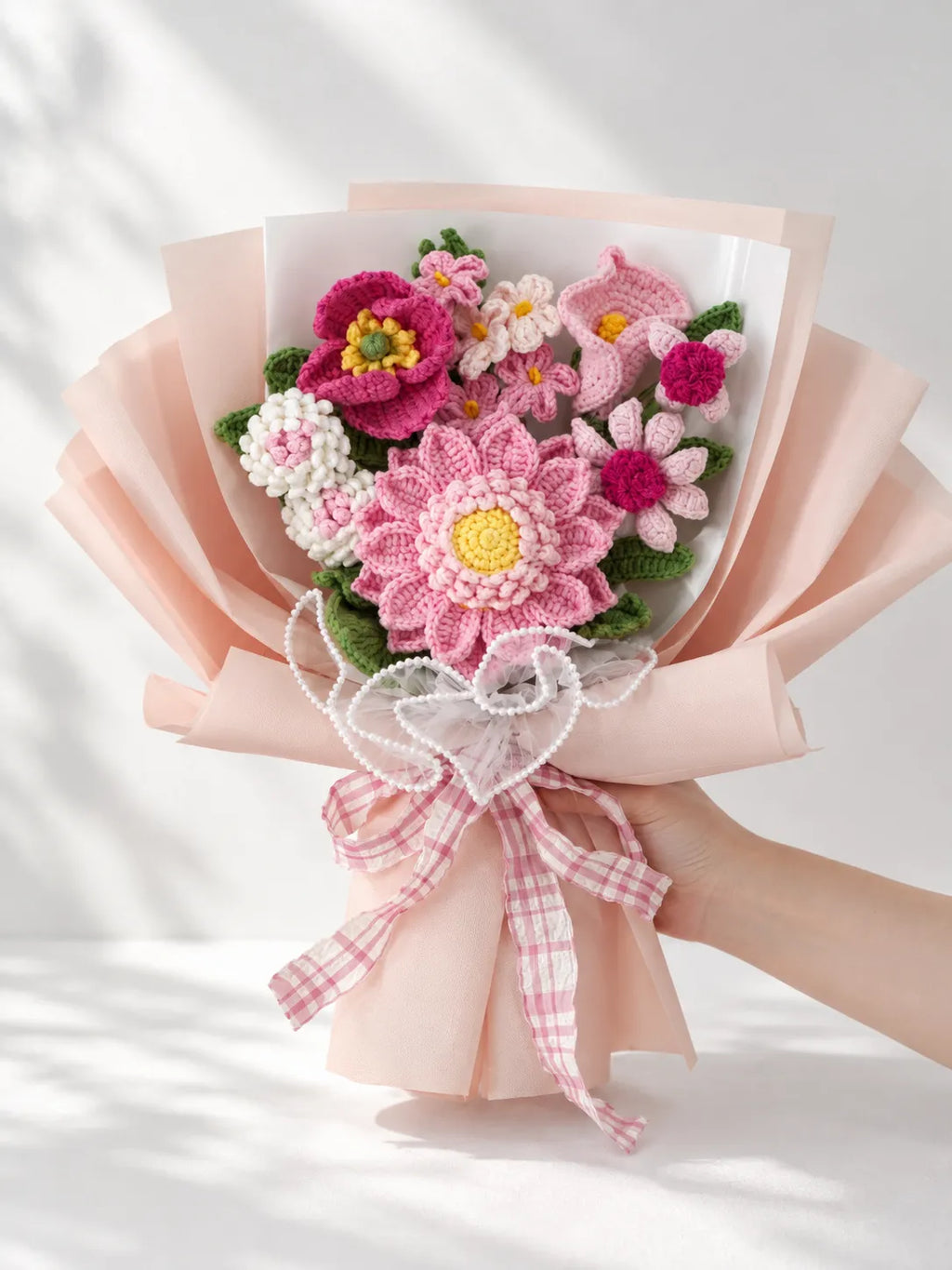 Pink Daisy with Poppy and Calla Lily Bouquet by Foxchill, handmade crochet flowers, full bouquet in decorative wrapping