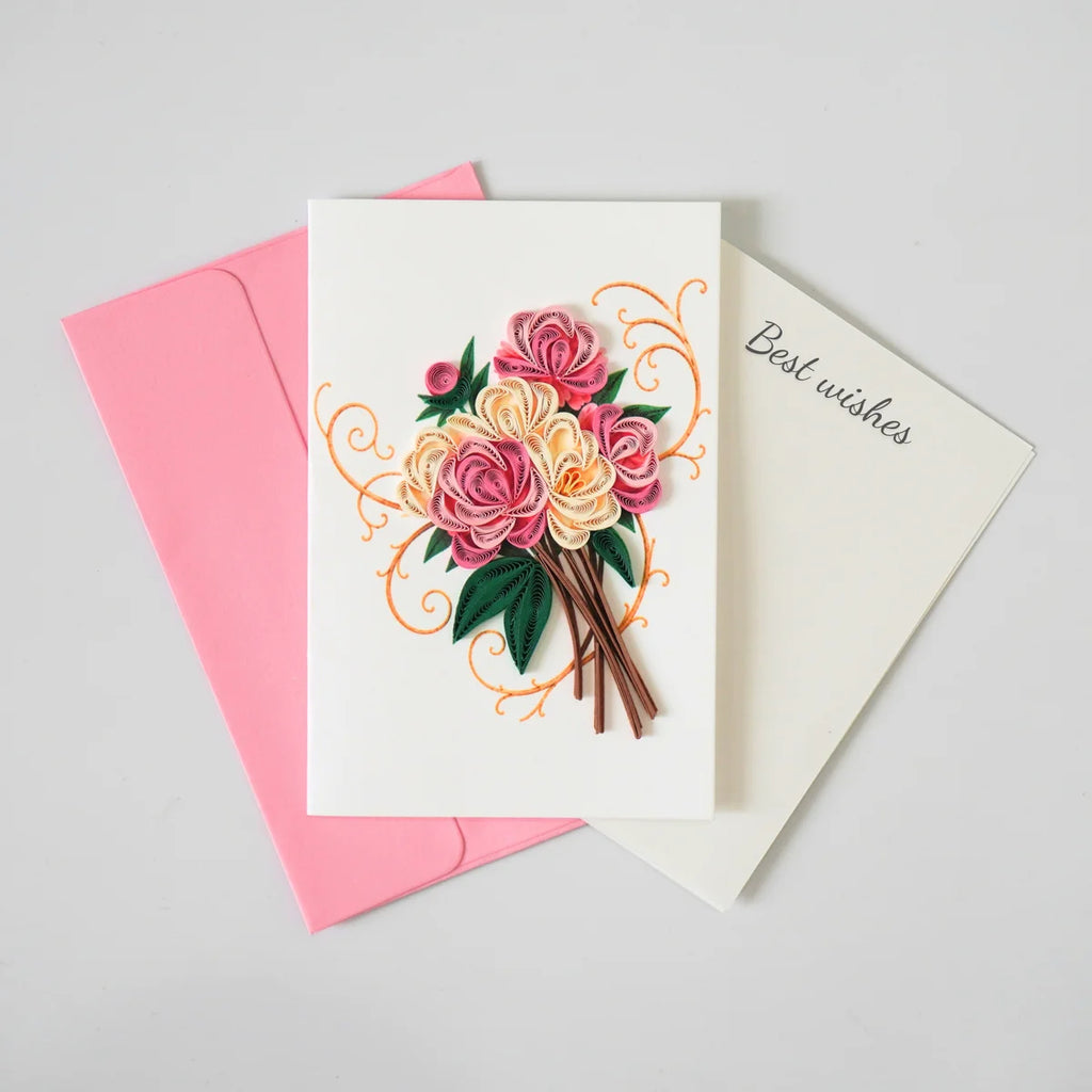 Pink and ivory rose bouquet quilled greeting card with green paper leaves shown with envelope and message insert