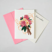Pink and ivory rose bouquet quilled greeting card with green paper leaves shown with envelope and message insert