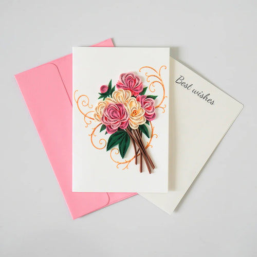 Pink and ivory rose bouquet quilled greeting card with green paper leaves shown with envelope and message insert
