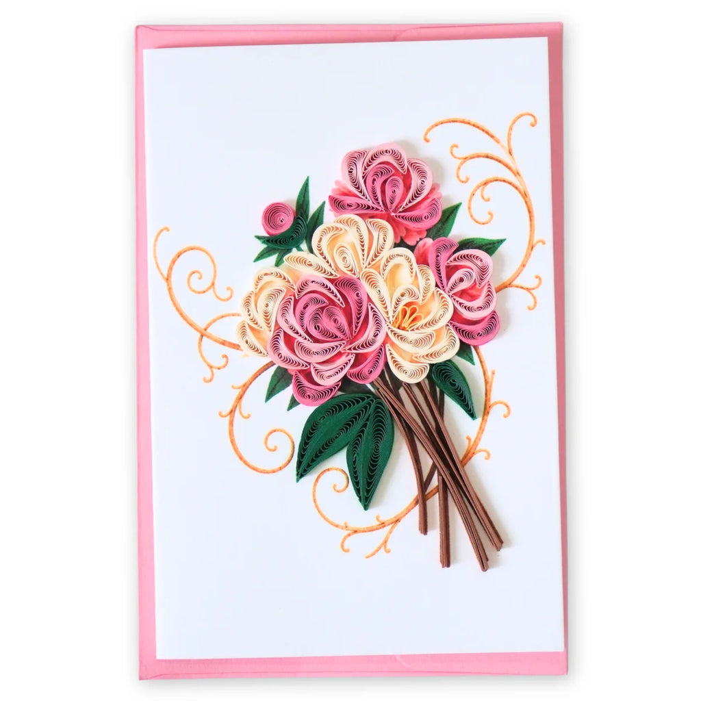 Pink and ivory rose bouquet quilled greeting card with green paper leaves