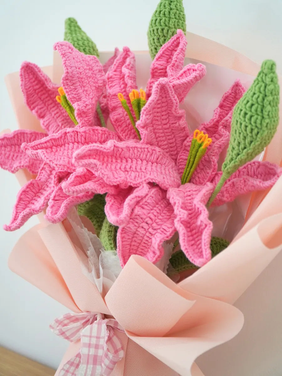 Pink Lily Cluster Bouquet by Foxchill, handmade crochet flowers, angled close-up of the yarn flowers