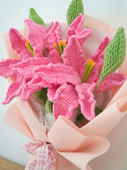 Pink Lily Cluster Bouquet by Foxchill, handmade crochet flowers, angled close-up of the yarn flowers