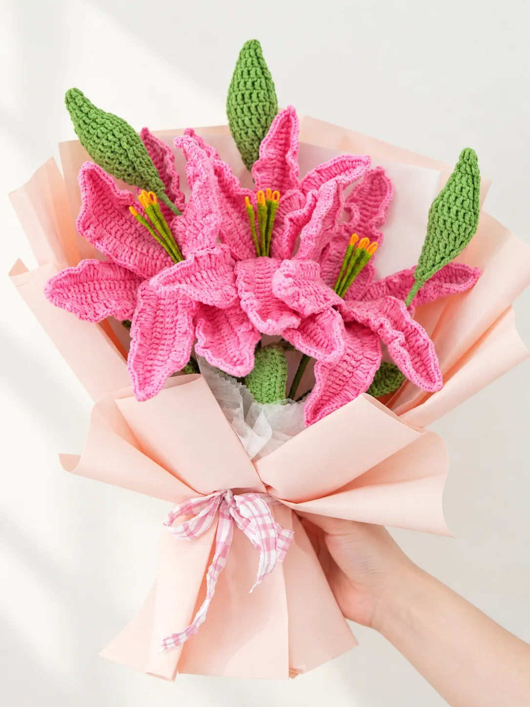 Pink Lily Cluster Bouquet by Foxchill, handmade crochet flowers, full bouquet in decorative wrapping