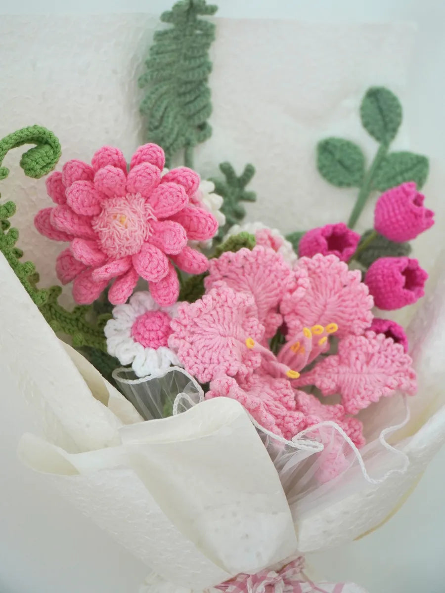 Pink Lily with Chrysanthemum, Daisy and Bellflower Bouquet by Foxchill, handmade crochet flowers, close-up of the crocheted petals and foliage