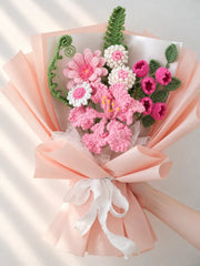 Pink Lily with Daisy and Bellflower Bouquet by Foxchill, handmade crochet flowers, full bouquet in decorative wrapping