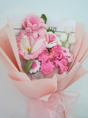 Pink Lily with Rose and Calla Lily Bouquet by Foxchill, handmade crochet flowers, front view of the wrapped bouquet