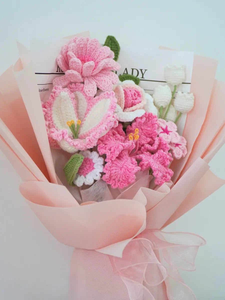 Pink Lily with Rose and Calla Lily Bouquet by Foxchill, handmade crochet flowers, front view of the wrapped bouquet