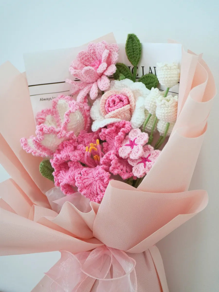 Pink Lily with Rose and Calla Lily Bouquet by Foxchill, handmade crochet flowers, angled close-up of the yarn flowers