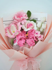 Pink Lily with Rose and Calla Lily Bouquet by Foxchill, handmade crochet flowers, close-up of the crocheted petals and foliage