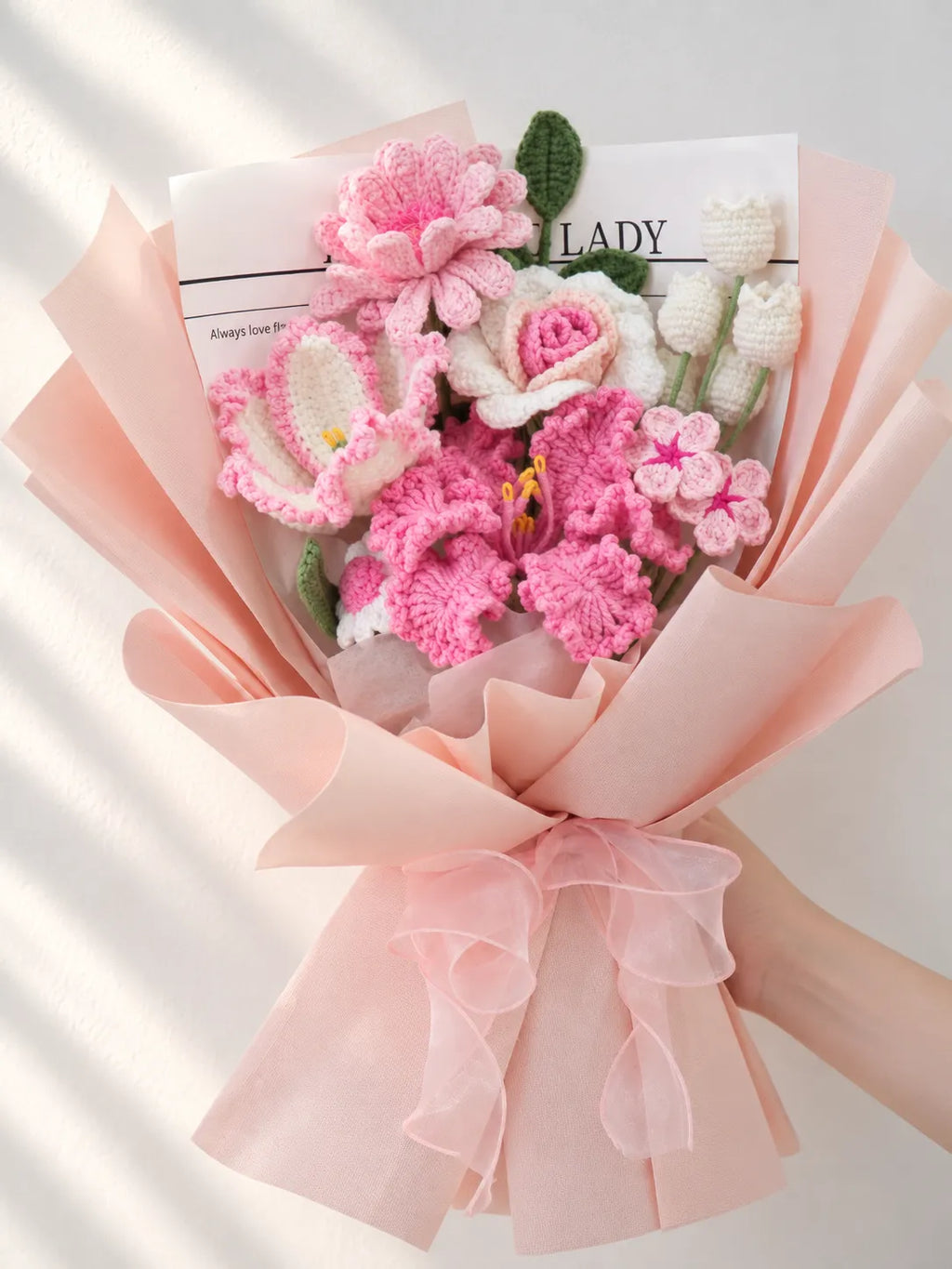 Pink Lily with Rose and Calla Lily Bouquet by Foxchill, handmade crochet flowers, full bouquet in decorative wrapping