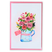 Rose Day quilled greeting card with pink paper roses in an illustrated blue jug
