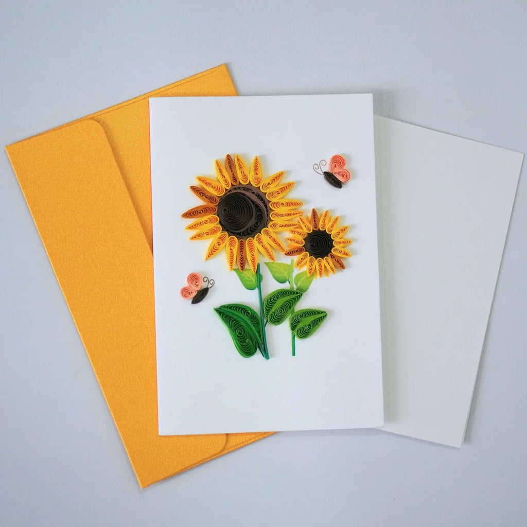 Sunflower and butterfly quilled greeting card with yellow paper flowers and green leaves shown with envelope and message insert