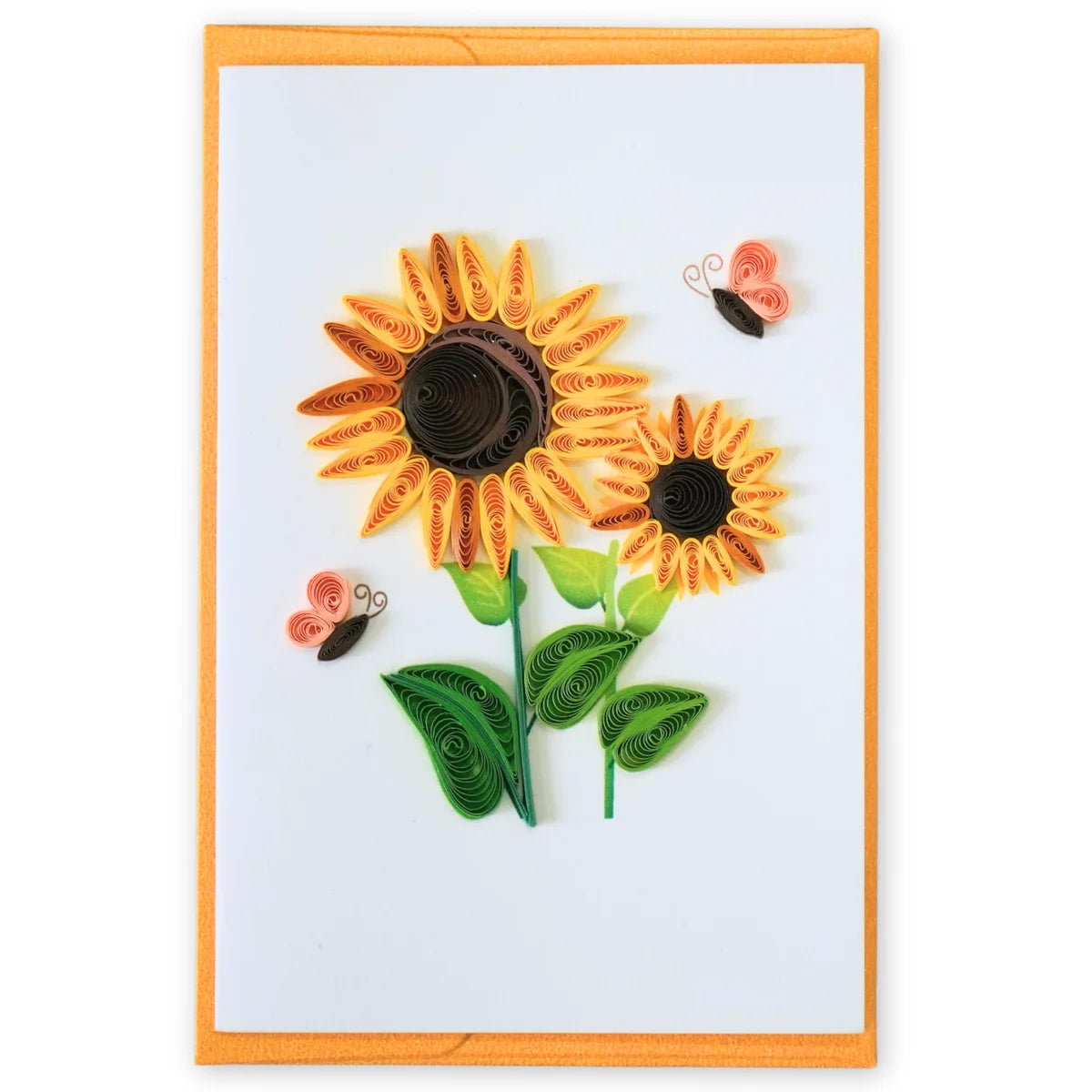 Sunflower and butterfly quilled greeting card with yellow paper flowers and green leaves