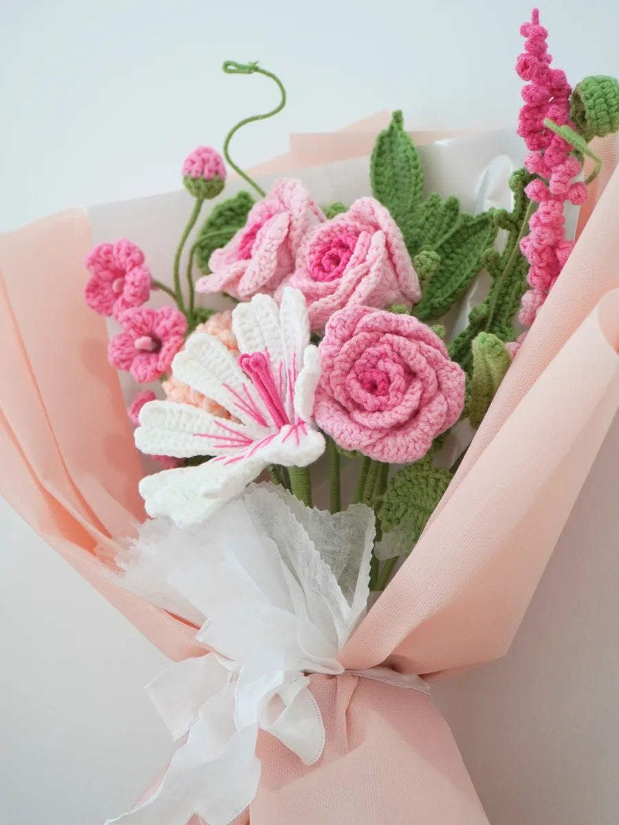 White Lily and Pink Rose Bouquet by Foxchill, handmade crochet flowers, front view of the wrapped bouquet