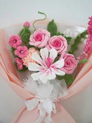 White Lily and Pink Rose Bouquet by Foxchill, handmade crochet flowers, angled close-up of the yarn flowers