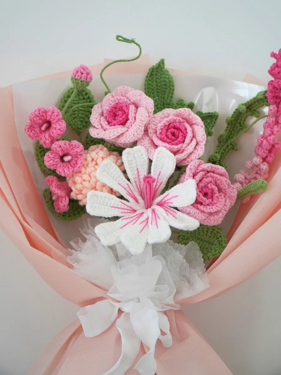 White Lily and Pink Rose Bouquet by Foxchill, handmade crochet flowers, angled close-up of the yarn flowers