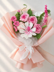 White Lily and Pink Rose Bouquet by Foxchill, handmade crochet flowers, full bouquet in decorative wrapping