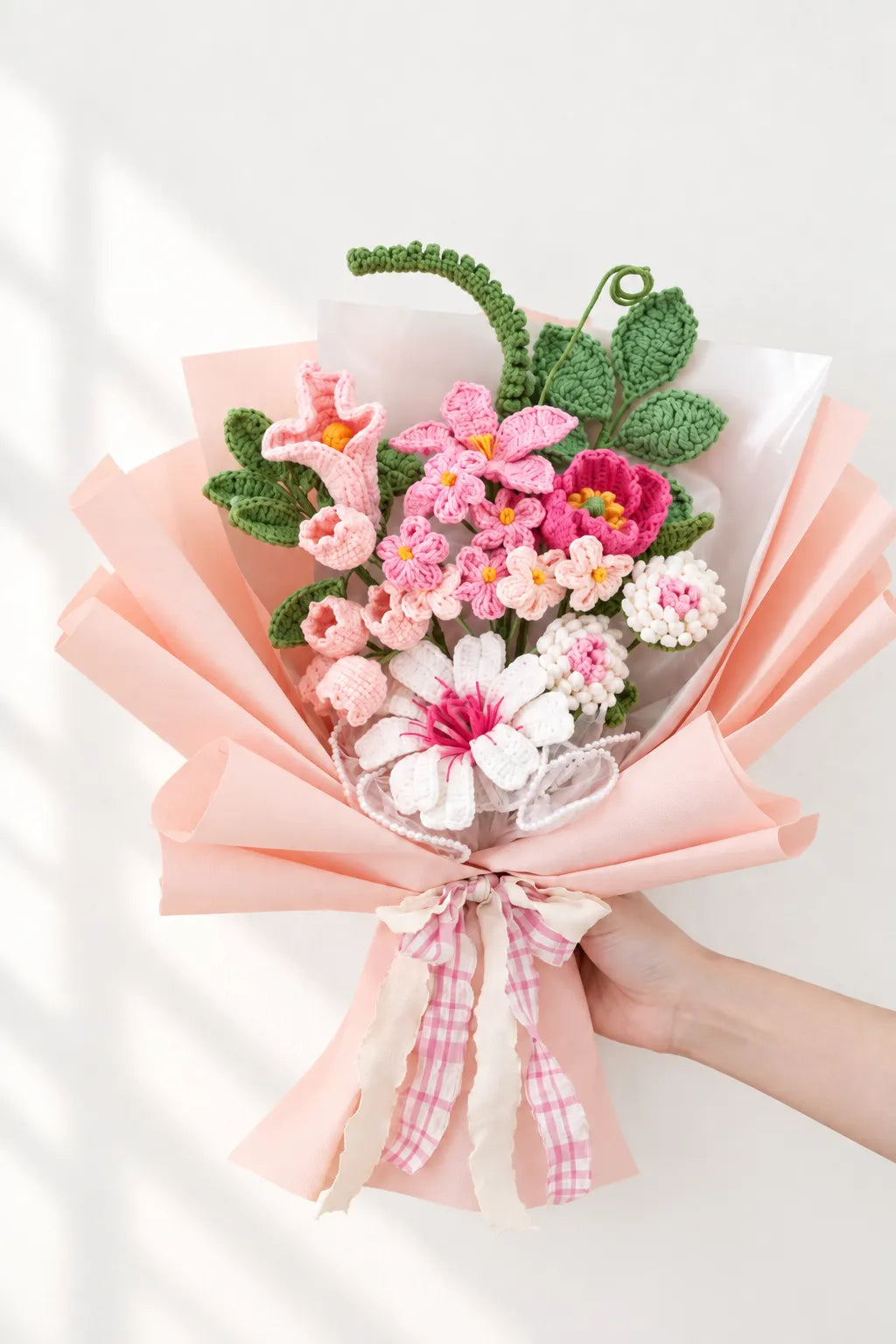 White Lily with Poppy, Freesia and Bellflower Bouquet by Foxchill, handmade crochet flowers, full bouquet in decorative wrapping