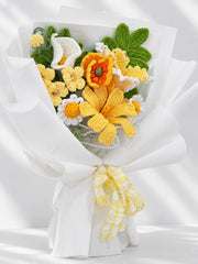 Yellow Lily with Calla Lily and Poppy Bouquet by Foxchill, handmade crochet flowers, front view of the wrapped bouquet