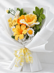 Yellow Lily with Calla Lily and Poppy Bouquet by Foxchill, handmade crochet flowers, angled close-up of the yarn flowers