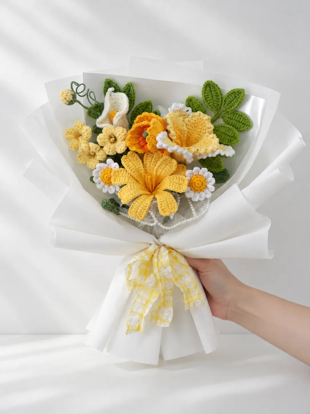 Yellow Lily with Calla Lily and Poppy Bouquet by Foxchill, handmade crochet flowers, full bouquet in decorative wrapping